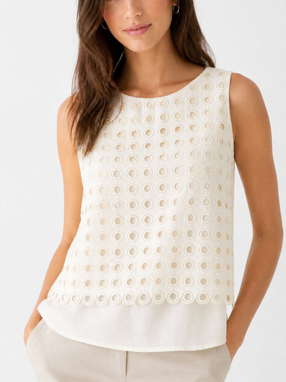 Ann Taylor White Eyelet Top XS Sleeveless Blouse Summer Tank Lined Work